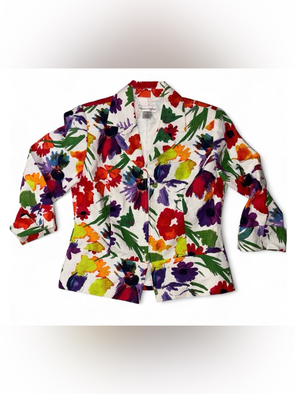 White Floral Zipper Blazer with Multi-Color Bloom Print